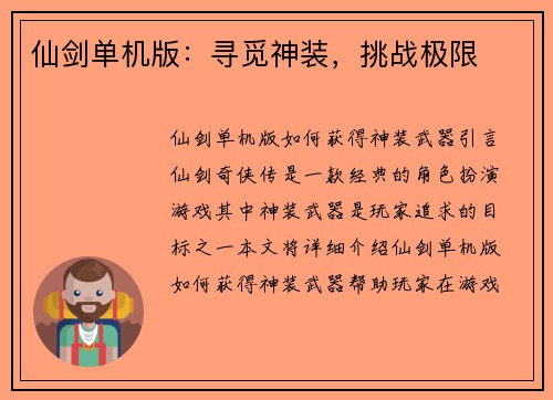 仙剑单机版：寻觅神装，挑战极限